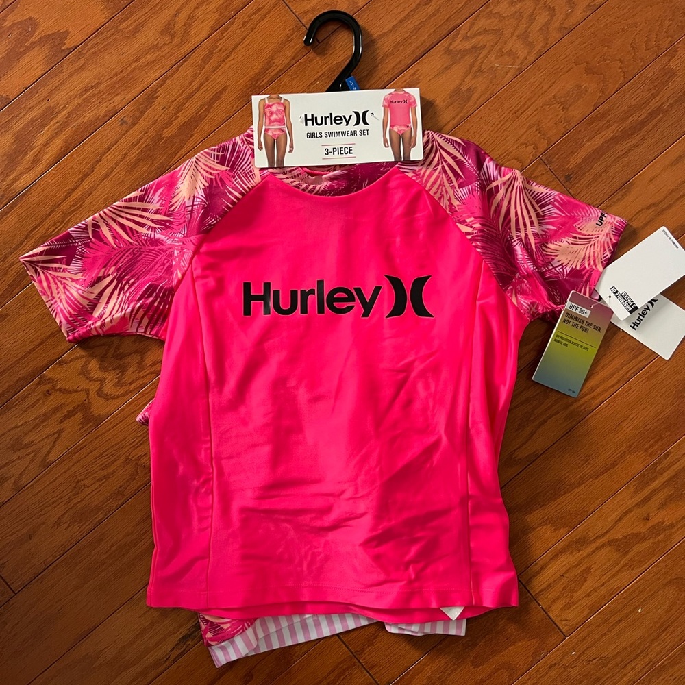 Hurley 3 piece swim set, suit with rashguard